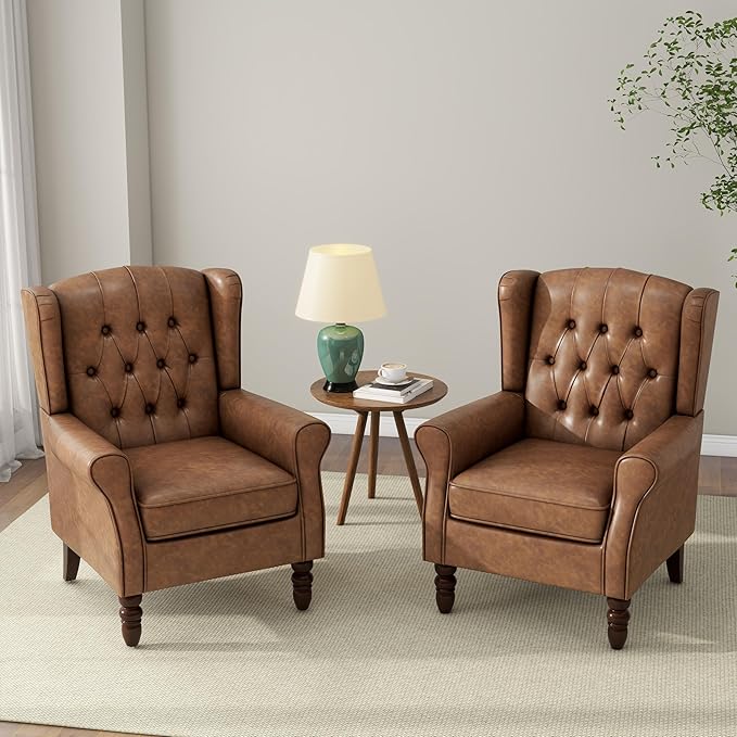 Accent Chair Upholstered Armchair with Button Tufted High Back &amp Solid Wood Legs Comfy Wingback Reading Single Sofa Chair for Small Spaces Living Room Bedroom (Leather Brown Set of 2)