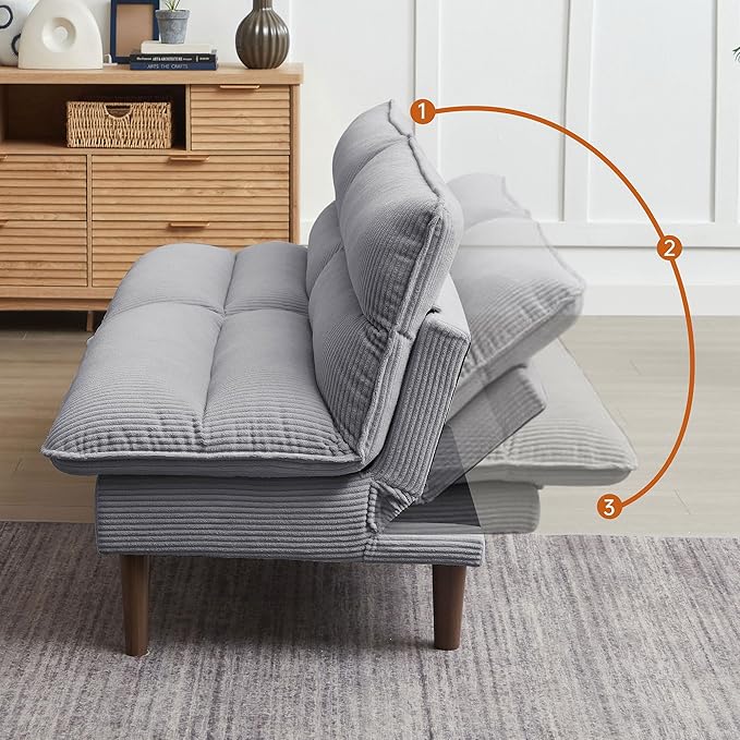 72 Futon Sofa Bed Futon Couch with Adjustable Backrest Recliner Small Loveseat for Living Room Office Apartment Corduroy Loveseat Light Grey