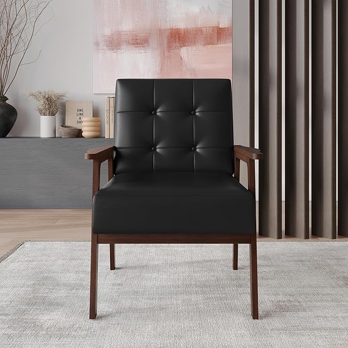 Accent Chair with Button-Tufted Polyurethane Upholstery Wooden Armrests Cushioned Seat Easy Assembly Black
