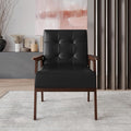 Accent Chair with Button-Tufted Polyurethane Upholstery Wooden Armrests Cushioned Seat Easy Assembly Black