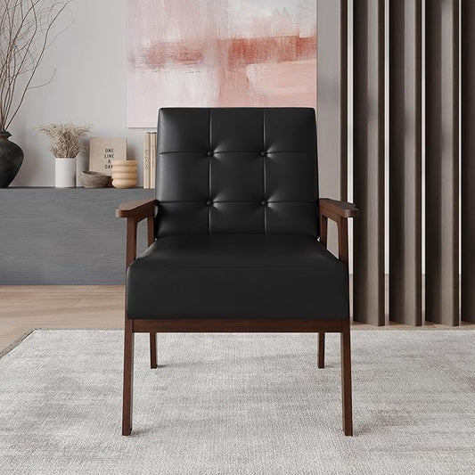 Accent Chair with Button-Tufted Polyurethane Upholstery Wooden Armrests Cushioned Seat Easy Assembly Black