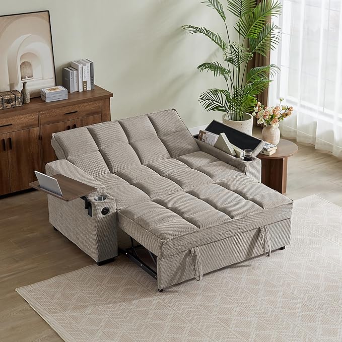 65'' Chaise Lounge Chair Indoor 3-in-1 Convertible Sofa Bed with Pull-Out Design 360° Swivel Side Table Modern Granular Velvet Couch Bed for Living Room Small Space &amp Apartment-Friendly