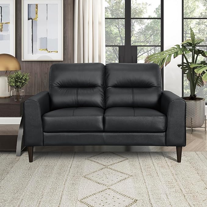 Lexicon Leather Match Loveseat Sofa Modern Couch Sofa Oversized Loveseat Solid Wood Legs Top Grain Leather 2 Seater Couch for Living Room Bedroom Office Apartment Waiting Room Black
