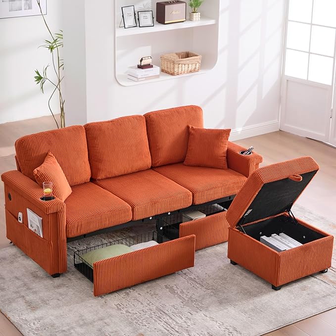 L Shaped Sectional Sofa with Storage &amp Movable Ottoman 76 Corduroy 3 Seater Sectional Couch with USB Charging Cup Holder &amp LED Light Couches for Living Room Orange