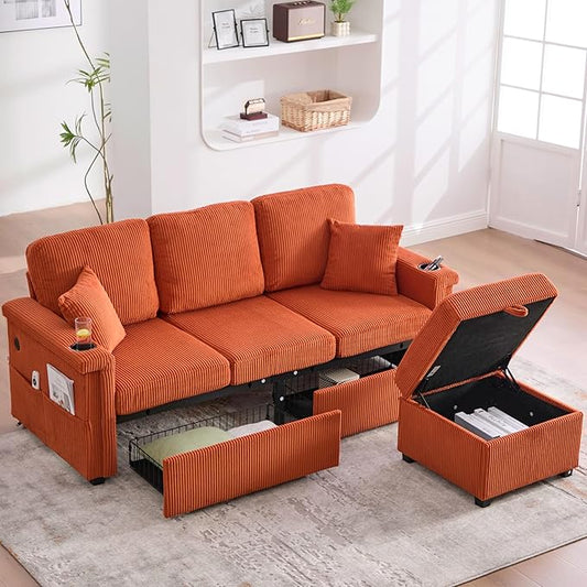L Shaped Sectional Sofa with Storage &amp Movable Ottoman 76 Corduroy 3 Seater Sectional Couch with USB Charging Cup Holder &amp LED Light Couches for Living Room Orange