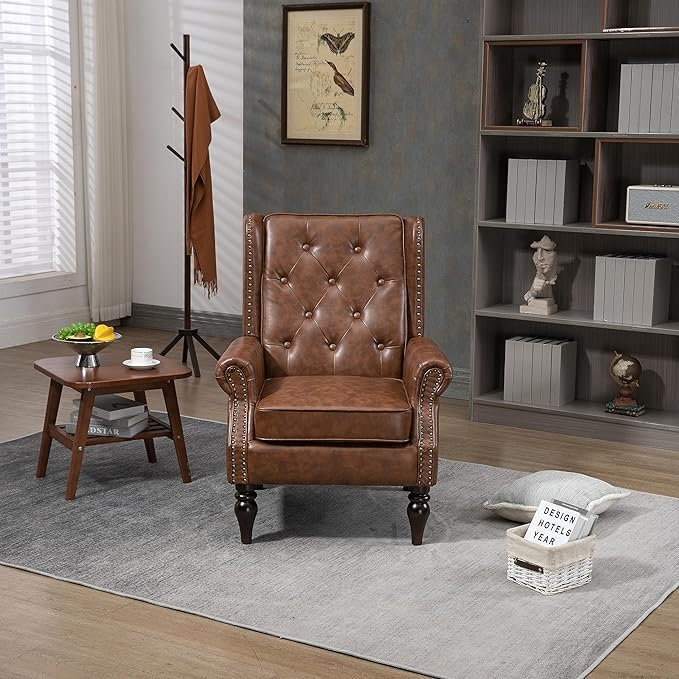 Bellemave Mid Century Wingback Chair PU Leather Button Tufted Upholstered Accent Armchair with Wood Legs Modern Living Room Chairs with High Back Leisure Single Sofa Chair for BedroomClub（Brown）