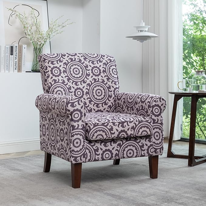 Classic Accent Armchair with Birch Wood Frame and Comfortable Rolled Armrests Arm Chairs for Living Room Bedroom and Office Decor 02 Printed Fabric