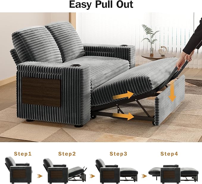 Vipbear 65 Loveseat Sleeper Sofa with Pull Out Bed Plush Corduroy 3-in-1 Convertible Sofa Bed with Reclining Backrest|USB Ports|Cup Holders|Side Table|Storage Armrests Tool Free Assembly Grey