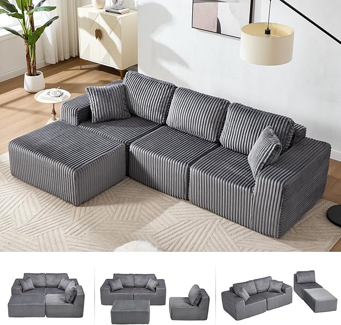 101.5'' Modular Sectional Sofa Cloud Sectional Couch with Deep Seat Comfy Fluffy L Shaped Couches Memory Foam Sofa with 1 Ottoman Corduroy Boneless Couch No Assembly Required Dark Gray