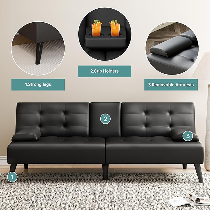Meilocar 64 Futon Sofa Bed Convertible Loveseat with 2 Cup Holders Small Couch with 3 Adjustable Angles &amp Removable Armrest Modern Sleeper Sofa for Apartment Office (PU Leather Black)