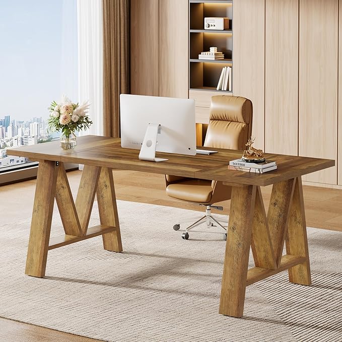 Tribesigns 63 Executive Desk Farmhouse Wooden Office Computer Desk Large Workstation Writing Table with Sturdy Legs for Home Office Brown
