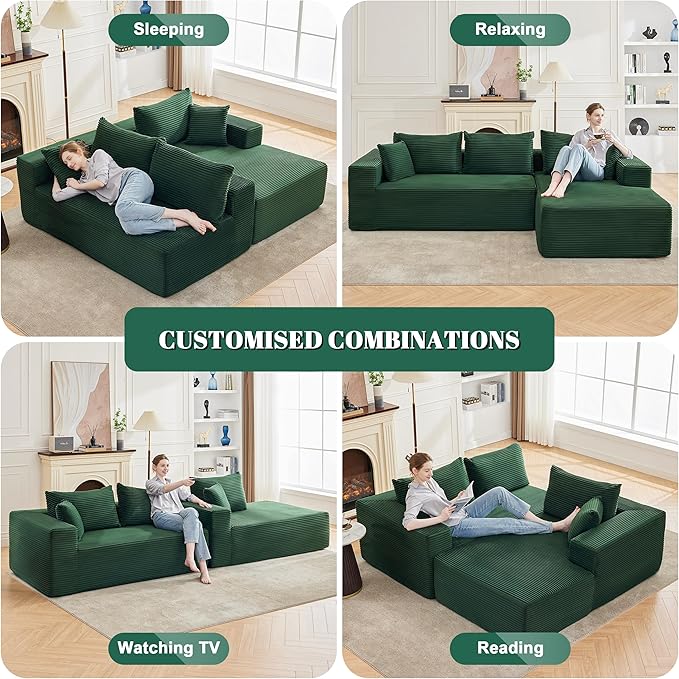 110” Cloud Sectional Couch Boneless Sofa for Living Room Modular Sectional Sofa with Deep Seat Comfy Fluffy Couch with L-Shaped Chaise No Assembly Required (Right-Facing Chaise Green)
