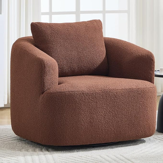Swivel Accent Chair 360° Rotating Barrel Chair with Teddy Fleece Upholstery &amp High-Resilience Sponge Cushion Easy Assembly Single Sofa for Living Room Bedroom or Apartment (Brown)