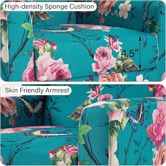 Accent Chair Modern Linen Blend Arm Chair for Living Room Bedroom Comfy High-Resilient Sponge Reading Chair for Small Spaces (Pattern Floral Blue Set of 1)