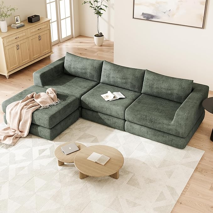 Cloud Boneless Modular Sectional Sofa 95.5 Modern Chenille Couch for Living Room Convertible L-Shaped Sleeper Sofa Bed with Ottoman Deep Seat Cloud Couch Sectional No Assembly Required Green
