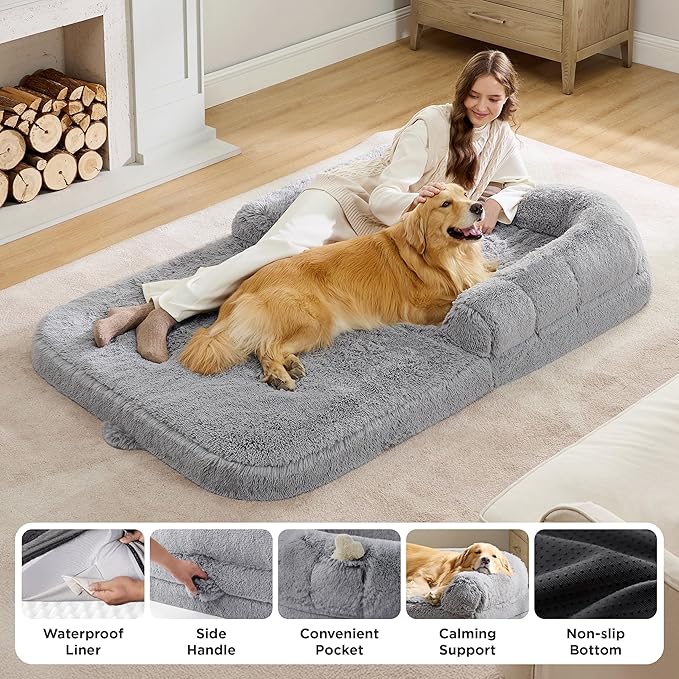 Bedsure Foldable Human Dog Bed -Giant Dog Bed for Adult People with Supportive Bolster Egg Foam Waterproof Liner Calming Fluffy Faux Fur Orthopedic Big Bean Bed Light Grey
