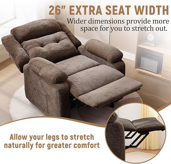 Power Recliner Chair for Adults Oversized Electric Recliner with Thickened Cushions Chenille Fabric Reclining Chair for Living Room Bedroom Brown