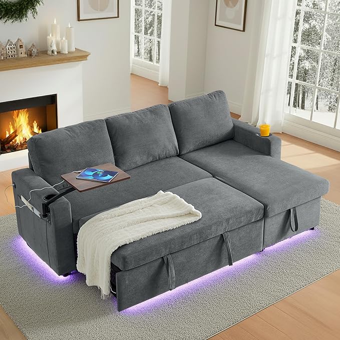LED Sectional Sleeper Sofa with Pull Out Bed Convertible L Shaped Sofa with Storage Chaise Lounge Retractable Table USB Cup Holders Comfy 3-Seater Sleeper Couch for Living Room (Grey)