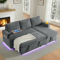 LED Sectional Sleeper Sofa with Pull Out Bed Convertible L Shaped Sofa with Storage Chaise Lounge Retractable Table USB Cup Holders Comfy 3-Seater Sleeper Couch for Living Room (Grey)