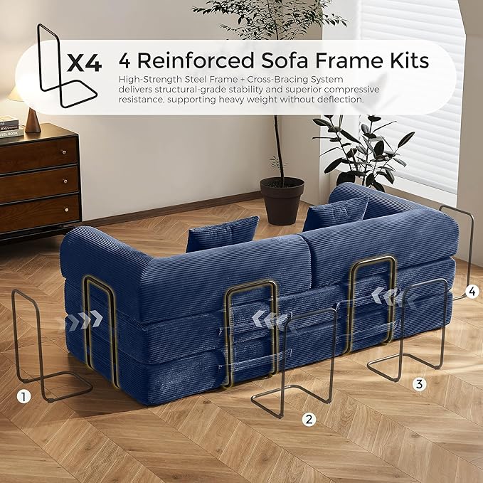 79 Convertible Sofa Bed with Fixed-Shape Frame &amp Removable Armrests Modular Corduroy Sleeper Sofa Folding Mattress Couch for Small Spaces - No Assembly Needed in Navy Blue (Includes 2 Pillows)