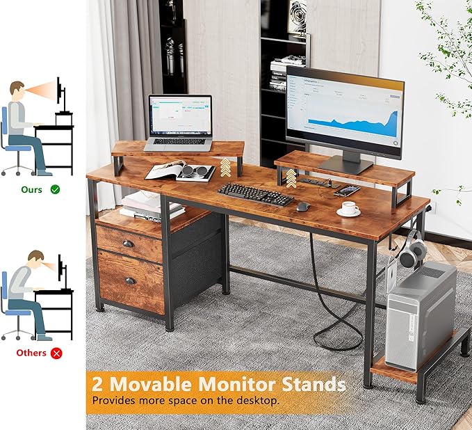 Furologee 55 Computer Desk with File Cabinet and Power Outlets Home Office Desk with 2 Movable Monitor Stands and Storage Drawer Writing Table with Shelves and 2 Hooks for Bedroom Rustic Brown