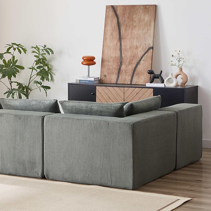 104 Viral Modular Boneless Cloud Couch Deep Seat Memory Foam Compressed Sectional Sofa with ChaiseL-Shaped Corduroy Couch for Living RoomNo Assembly RequiredGreen