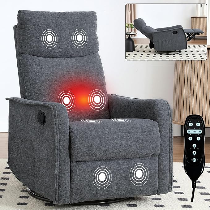 Massage Chair Recliner with Heat Swivel Rocking Chair Recliner with High Back Manual Lazy Boy Recliners for AdultsSmall Recliner Chair for Small Spaces Living Room Bedroom Fabric (Grey)