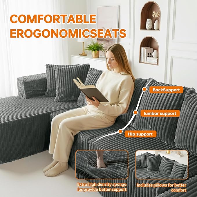 131 Cloud U-Shaped Sectional Sofa Modular Boneless Couch with Chaise4-Seater Couch for Living RoomPlush Corduroy Fabric No Assembly Required (Grey)