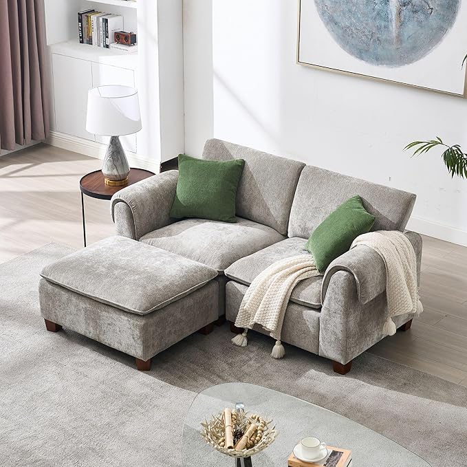 69 Inch Loveseat Sofa 2 Seater Small Sectional Couch Cozy Cloud Chenille Fabric Modular Sectional Love Seat Sofa Couch for Living Room/Apartment Grey