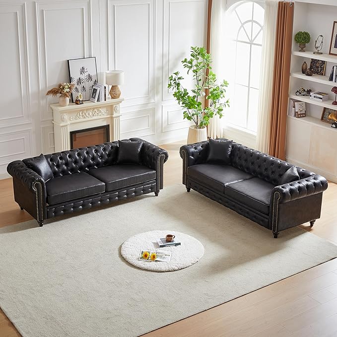KEIKI Chesterfield Sofa Retro Style Upholstered 3+3 Seats Tech Fabric Couch with Rolled Arm for Living Room Bedroom Office Black