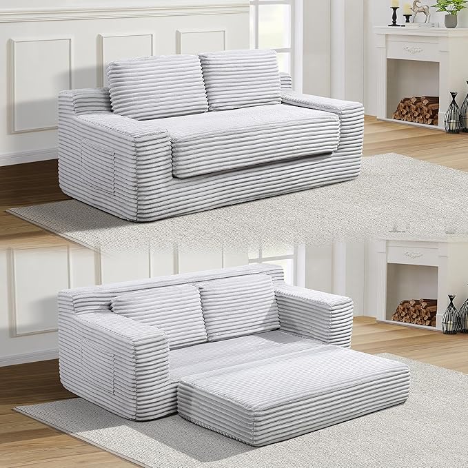 Loveseat Cloud Boneless Couch Upholstered Floor Sofa with Armrests 2-in-1 Convertible Corduroy Couch Bed for Living Room Apartment Grey