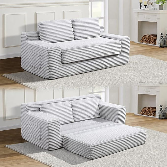 Loveseat Cloud Boneless Couch Upholstered Floor Sofa with Armrests 2-in-1 Convertible Corduroy Couch Bed for Living Room Apartment Grey