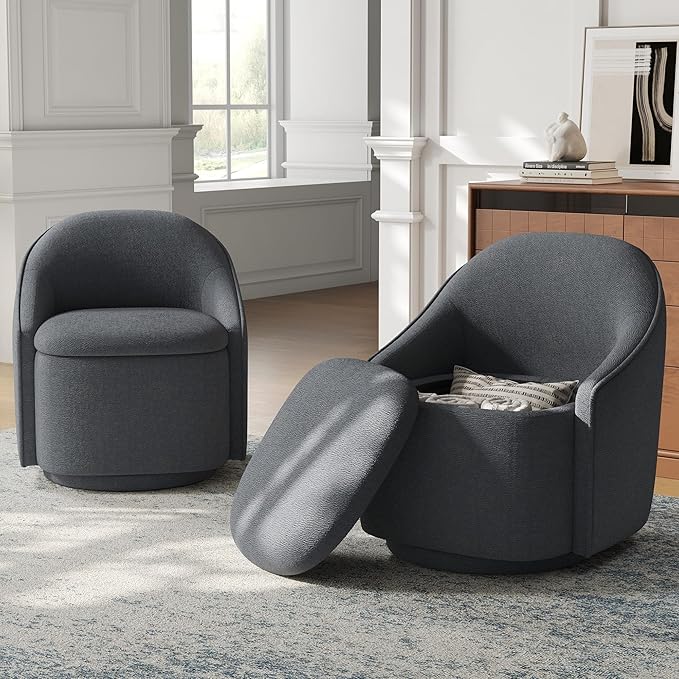 LINSY Swivel Accent Chair Set of 2 Comfy Chenille Barrel Chairs with Storage 360 Swivel Modern Armchair for Living Room Bedroom Small Boucle Reading Chair for Study Room (Grey)