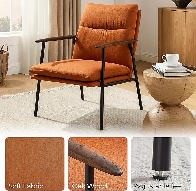 Zouron Upholstered Accent Chair with Metal Frame Modern Living Room Reading Chair with Wooden Armrests and Cushion Back Caramel