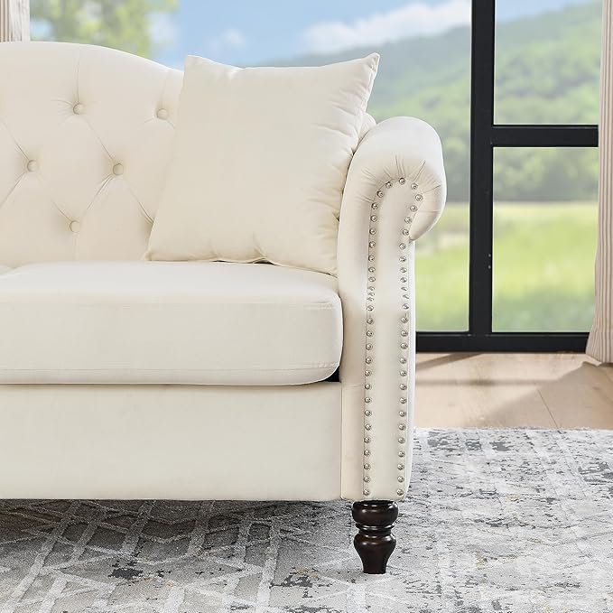 KEIKI 57 Chesterfield Sofa Retro Upholstered 2 Seater Velvet Couch with Rolled Arm Nailhead for Living Room Bedroom Office Apartment Beige