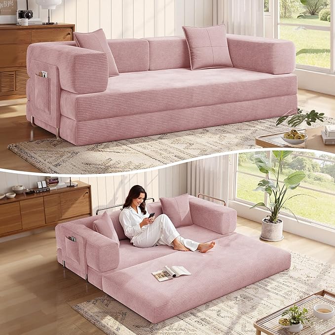 MoonSpeak 78.8''Sleeper Couch Bed for LivingroomConvertible Modular Sofa with Armrest PillowModular Foldable Corduroy Couches in a BoxNo Assembly (Pink)
