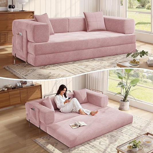 MoonSpeak 78.8''Sleeper Couch Bed for LivingroomConvertible Modular Sofa with Armrest PillowModular Foldable Corduroy Couches in a BoxNo Assembly (Pink)
