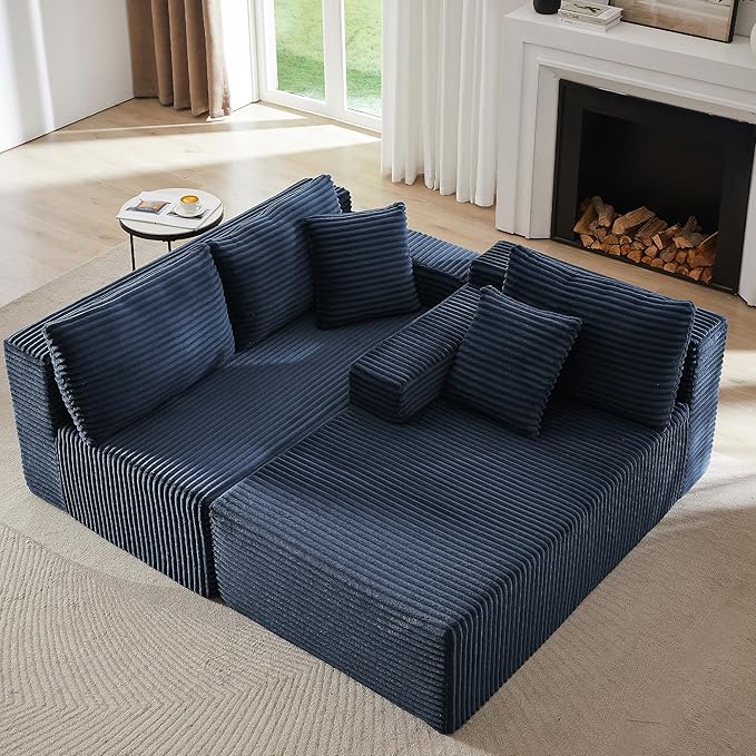 Sectional Couch with L-Shape Chaise 103 Modular Sectional Sofa with Deep Seat Modern Corduroy Couch Lazy Compression Sofa for Living Room No Assembly Required Left Facing Chaise Blue