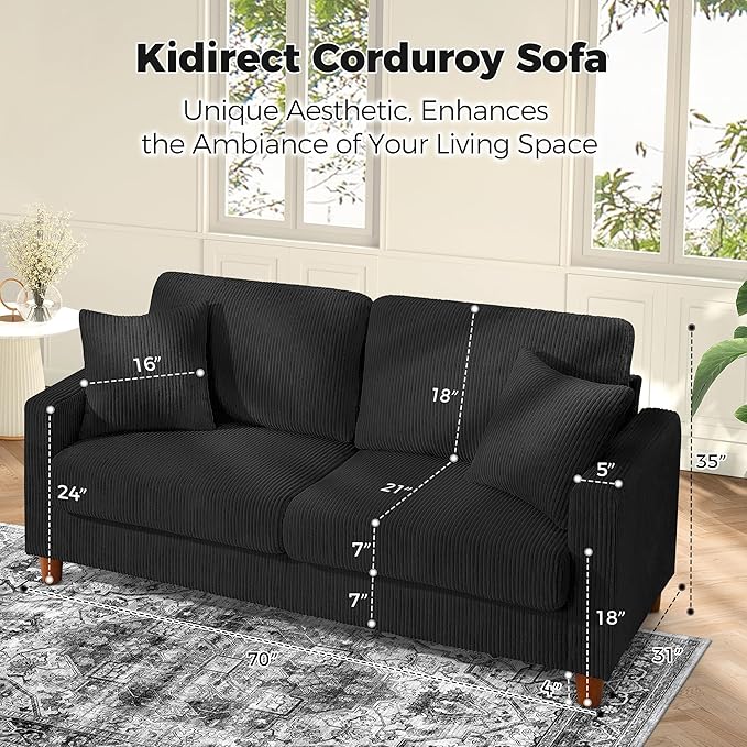 Kidirect 70in U Shaped Couch Modular Sofa No Tool Assembly Comfy Sectional Couches for Living Room 21in Deeper Seats Corduroy Sofas for Living Room with 2 Pillows Loveseat Sofa Set Black Couch |