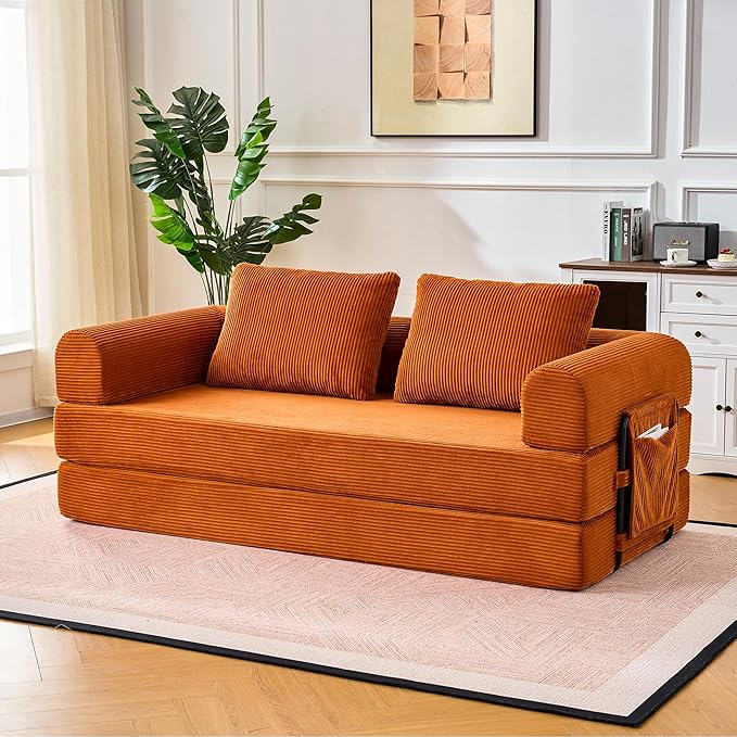 Convertible Sleeper Sofa Bed Folding Floor Mattress Couch with Fixed-Shape Frame Futon Boneless Couch Lounge Loveseat with Pull Out Bed No Assembly Required Burnt Orange