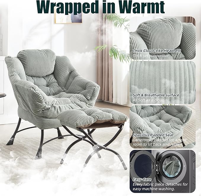 QQU Lazy Lounge Chair with Ottoman Plush Reading Armchair with Footrest &amp Side Pocket Indoor Accent Chair and Ottoman Set for Living Rooms Bedrooms Small Spaces Dorms Apartments Light Green