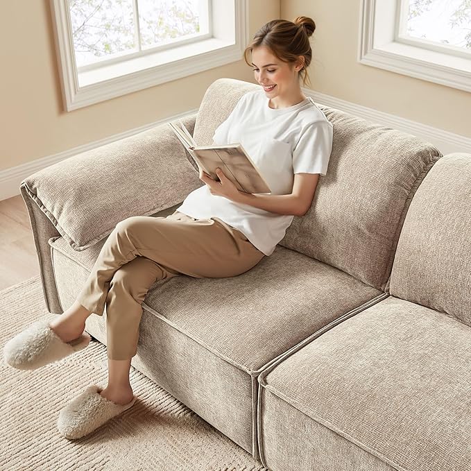 VANOMi 92.9 Sofa Couch for Living Room Modern Comfy 3-Seater Cloud Sofas Chenille Small Couches for Small Spaces Upholstered Deep Seat Couch for Bedroom Apartment (Natural)
