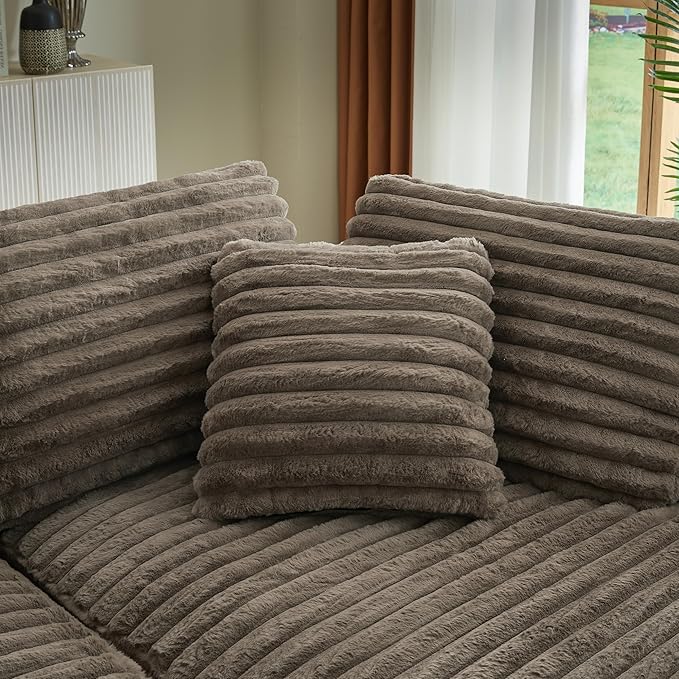 Modern Curved Boneless Sectional Sofa Oversized Minimalist L-Shape Corduroy Sponge Sofa with Round Chaise Comfy Sleeper Couch for Living Room Apartment Reception Spaces 4 Seat Brown Right Chaise