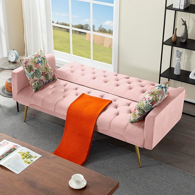 68.5” Futon Sofa Bed Convertible Futon Couch with Adjustable BackrestFolding Sofa Bed with 2 Pillows &amp Metal Legs Sleeper Loveseat with Armrest for Home Office (Pink)