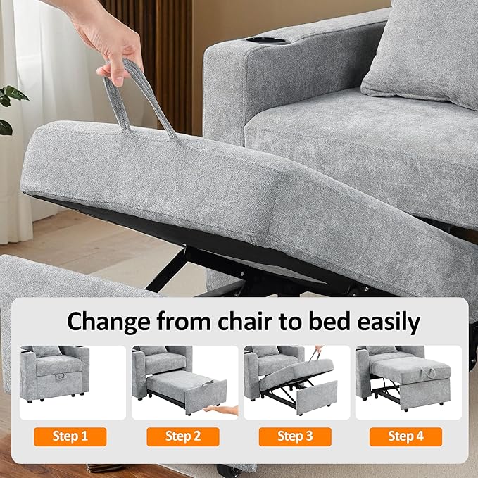 MCombo Convertible Sleeper Chair Bed 3-in-1 Folding Sofa Chair with Adjustable Backrest Pull-Out Bed with USB Port Cup Holders Linen Fabric for Small Spaces Living Room Guest Room Office VN6001