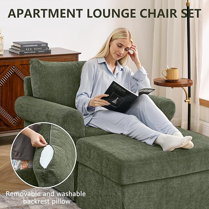 Living Room Chairs with Ottoman Small Accent Chair for Bedroom Single Sofa Couch with Chenille Fabric for Apartment and Small Places (Green)