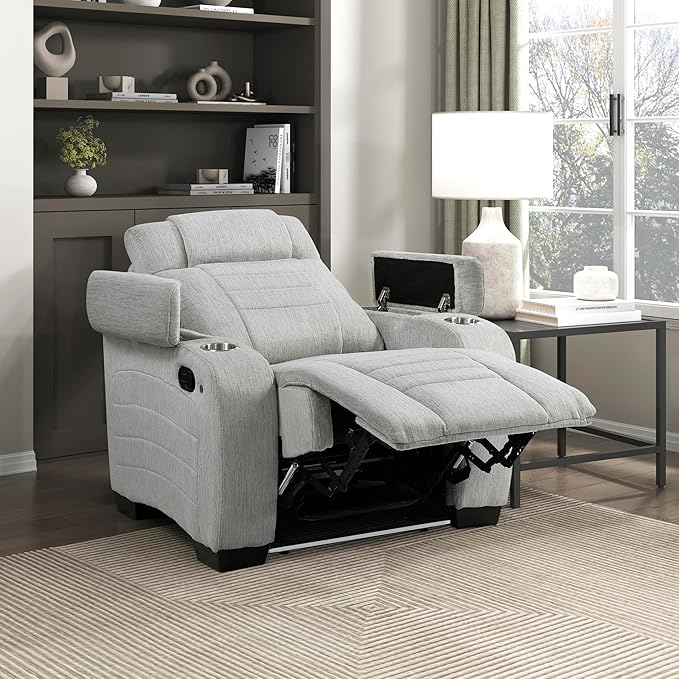 Lexicon Wall Hugger Manual Reclining Chair Microfiber Manual Recliner with Cup Holders/Hidden Arm Storage/LED Base Lighting Home Theater Seating for Living Room Light Gray