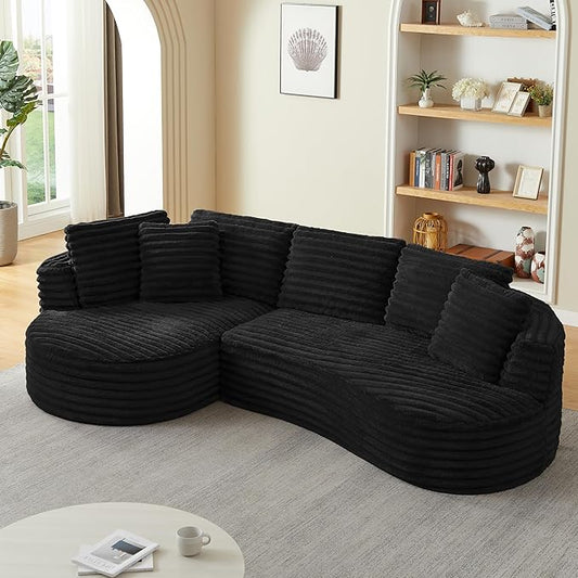Modern Boneless Curved Sectional Sofa Oversized Minimalist L-Shape Corduroy Sponge Sofa with Round Chaise Comfy Sleeper Couch for Living Room Apartment Reception Spaces 4 Seat Black Left Chaise