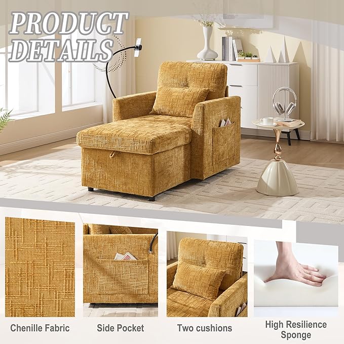 Multifunctional Sofa Recliner Chairs with Storage Cell Phone Bracket Chenille Recliner Chair Bed with Side Pockets and High Backrest Modern Living Room Single Lounge Chair (Mustard Yellow)