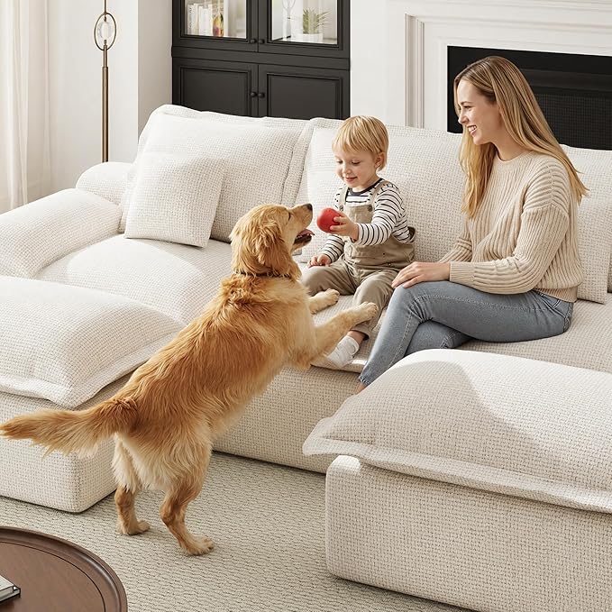Modular Sectional Sofa 107'' Boneless Couches for Living Room 5-Seat Sofa with 2 Ottomans Cloud U Shaped Couch No Assembly Required Chenille Beige